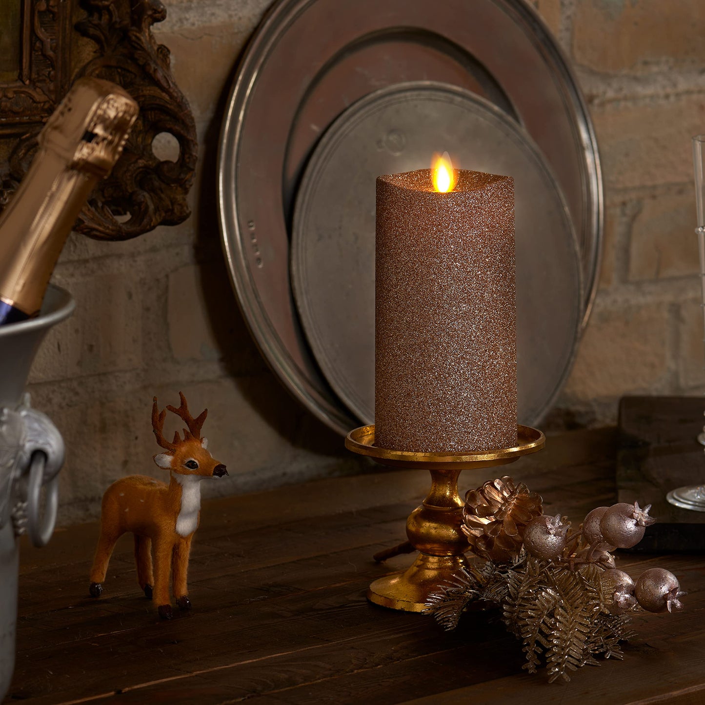 Luminara Realistic Artificial Flame Gold Glitter Pillar Candle - Moving Flame LED Battery Operated Lights - Unscented - Remote Ready - Remote Sold Separately - 3" x 6.5"