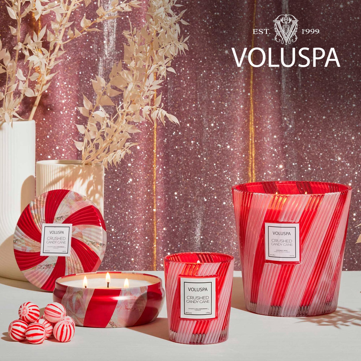 Voluspa Crushed Candy Cane, 3 Wick Tin Candle, 12 oz, 40 Hour Burn Time, Coconut Wax for Clean Burning, Handcrafted in the USA