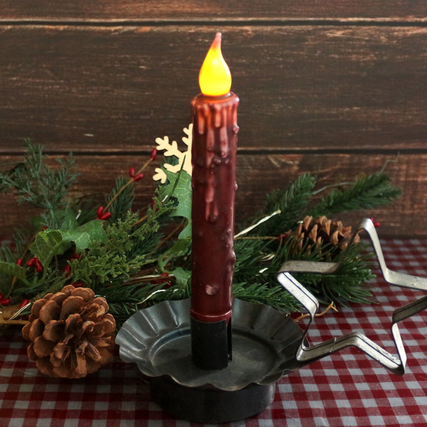 CVHOMEDECO. Real Wax Hand Dipped Battery Operated LED Timer Taper Candles Country Primitive Flameless Lights Décor, 6-3/4 Inch, Burgundy, 2 PCS in a Package