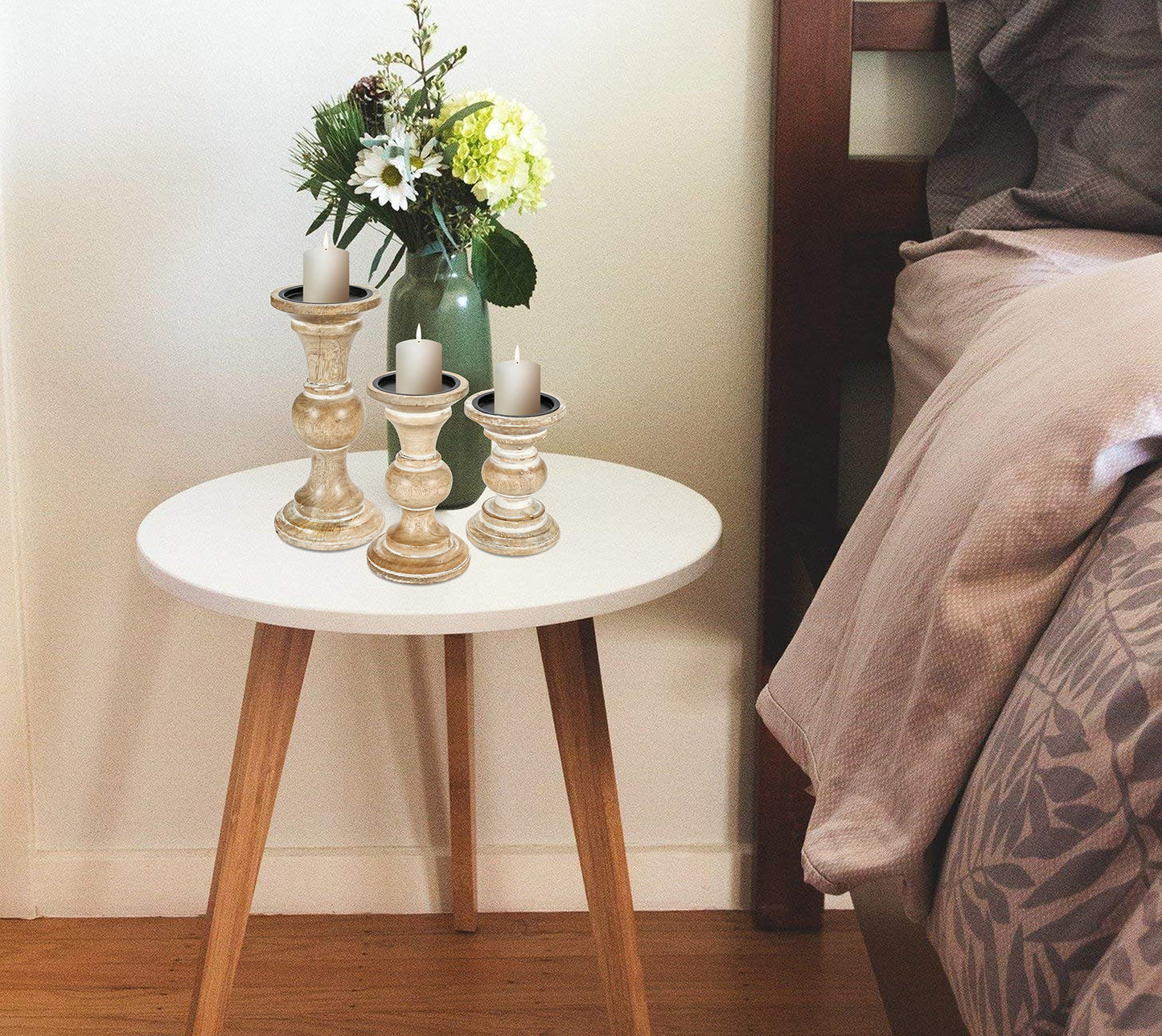 Candle Stands Wooden for Pillar Candles,Rounded Turned Colums, Sustainable Woods, Country Style, Ideal for Reiki, Aromatherapy, Votive Candle Gardens Home décor - 10,8,6 Inch Set of 3 - White Wash