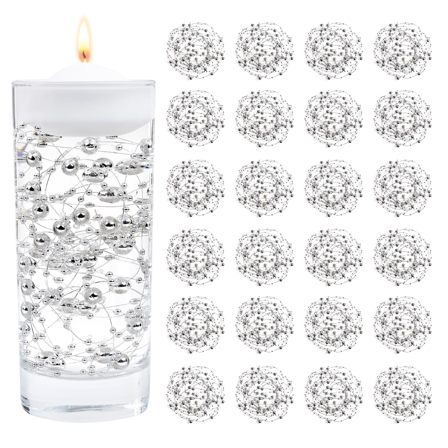 YATOJUZI 30 PCS Artificial Pearl String Silver Vase Filler Floating Pearls for Vases Centerpieces Faux Pearl Beads String Decorations Wedding Holiday Party Decor