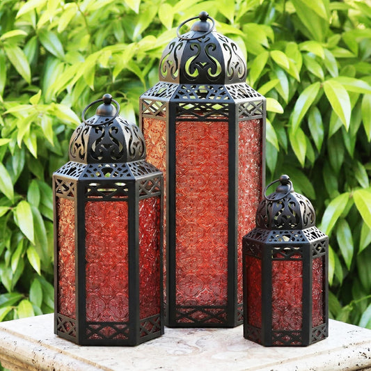 Vela Lanterns Decorative Outdoor for Patio/Porch - Floor Moroccan Candle Holder Set of 3 - Turkish Lamps, Table Centerpieces, Hanging Outdoor Decor for Wedding, Ramadan (XL, Large, Small - Red Glass)