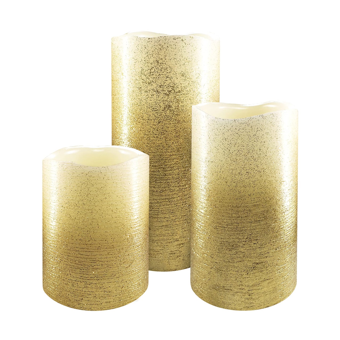 FURORA LIGHTING Gold Glitter Flameless Pillar Candles - Real Wax, 5/19 Auto Timer, Set of 3 (3x4, 3x5, 3x6), Batteries Included, Home Decor