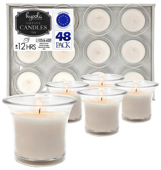 Hyoola Votive Candles - White Votives in Clear Cup - 12 Hour Burn Time Unscented Votive Candles Bulk - Pack of 48 Small Candles in Bulk - Made in Europe