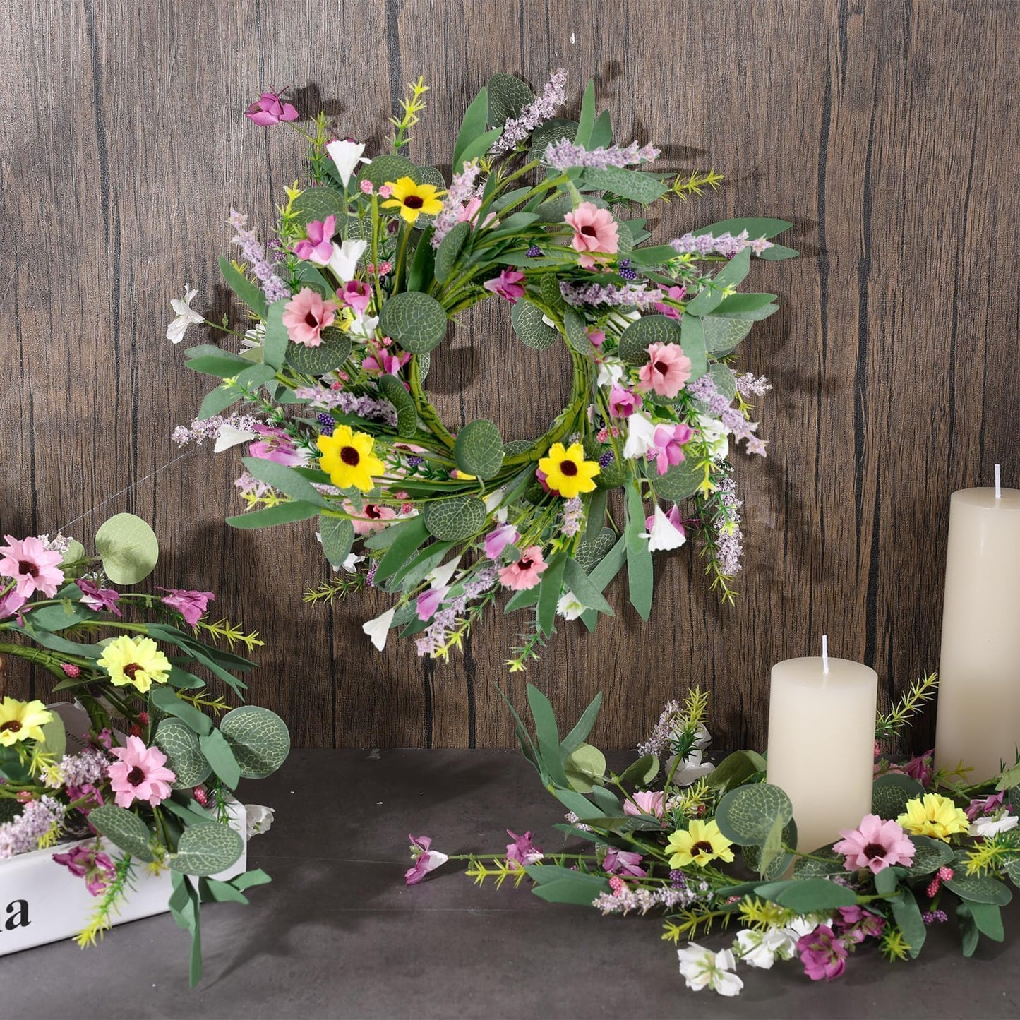 4 Pcs 9" Mini Spring Summer Flowered Wreath Floral Wedding Candle Rings Wreaths Kitchen Cabinet Wreaths with Ribbon for Pillars Wedding Table Centerpiece Farmhouse Party Home Door All Seasons Decor