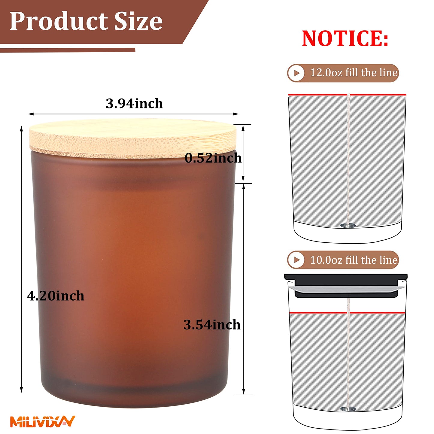 MILIVIXAY 12Pack 12 OZ Frosted Amber Thick Glass Candle Jars with Lids - Bulk Empty Candle Jar for Making Candles - Spice, Powder Containers.
