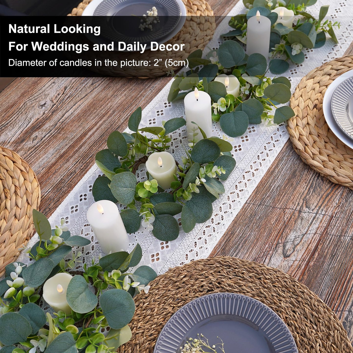 Rhytsing 4pcs Artificial Eucalyptus Leaves Candle Rings, Wreaths of Pillar Candles for Wedding and Home Decoration, Green Candlestick Holders for Spring and Summer - Inner Diameter: 3.5"