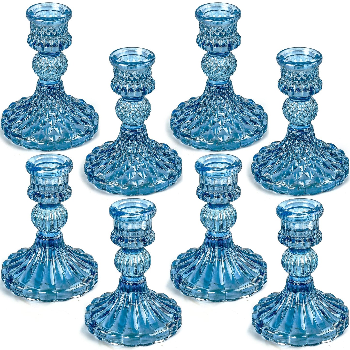 Blue Glass Candlestick Holders,Set of 8 Include Taper Candle Holders and Stripe Candle Holders,Two Style for Formal Events, Wedding, Festival,Church, Party & Festival Decoration