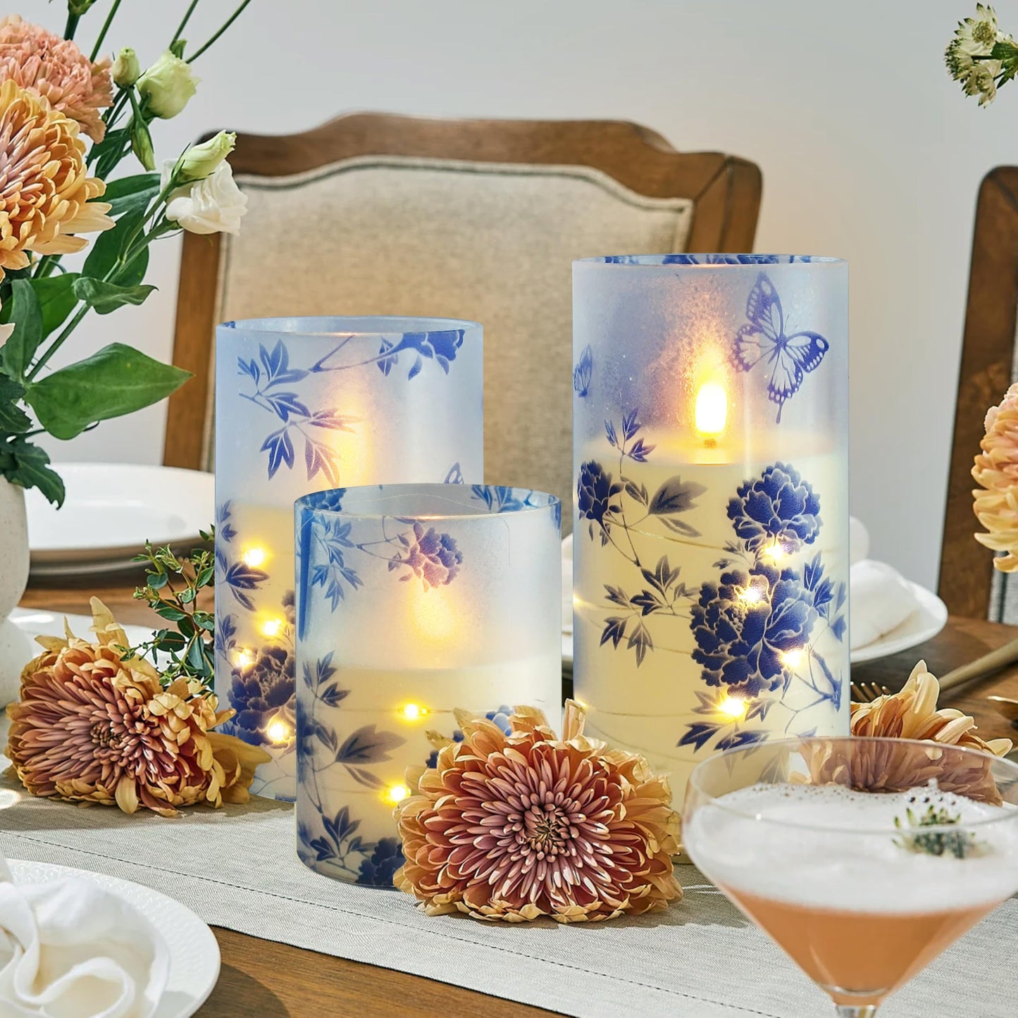 Flickering Flameless Candles Blue Peony Print Embedded Star String Lights, Battery Operated Acrylic LED Pillar Candles with 11-Key Remote and Timer for Home Decoration, 3 Pack