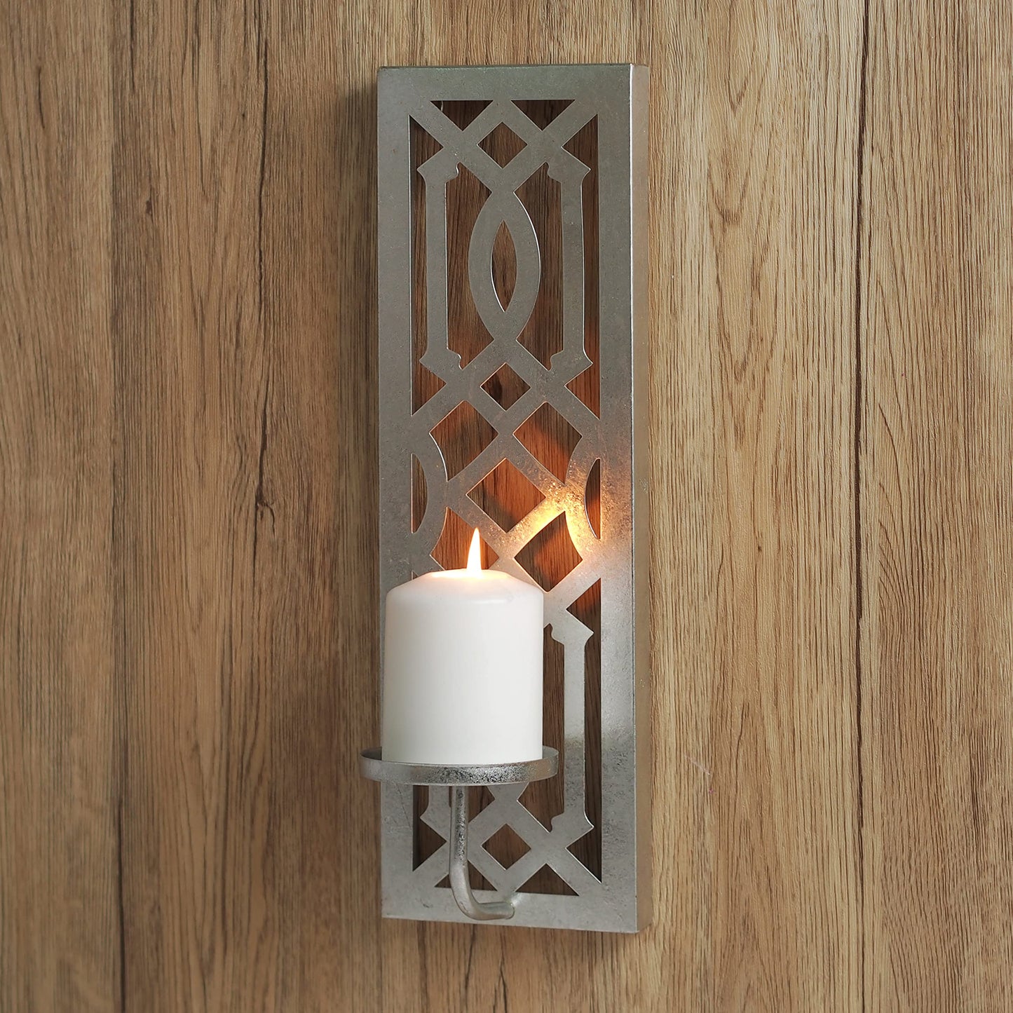 Hosley Set of 2 Iron Wall Pillar Candle Sconce 16.5 Inch High Mid Century Modern Silver. Ideal Gift Wedding Special Occasions Home Office Spa Aromatherapy, Gardens O4