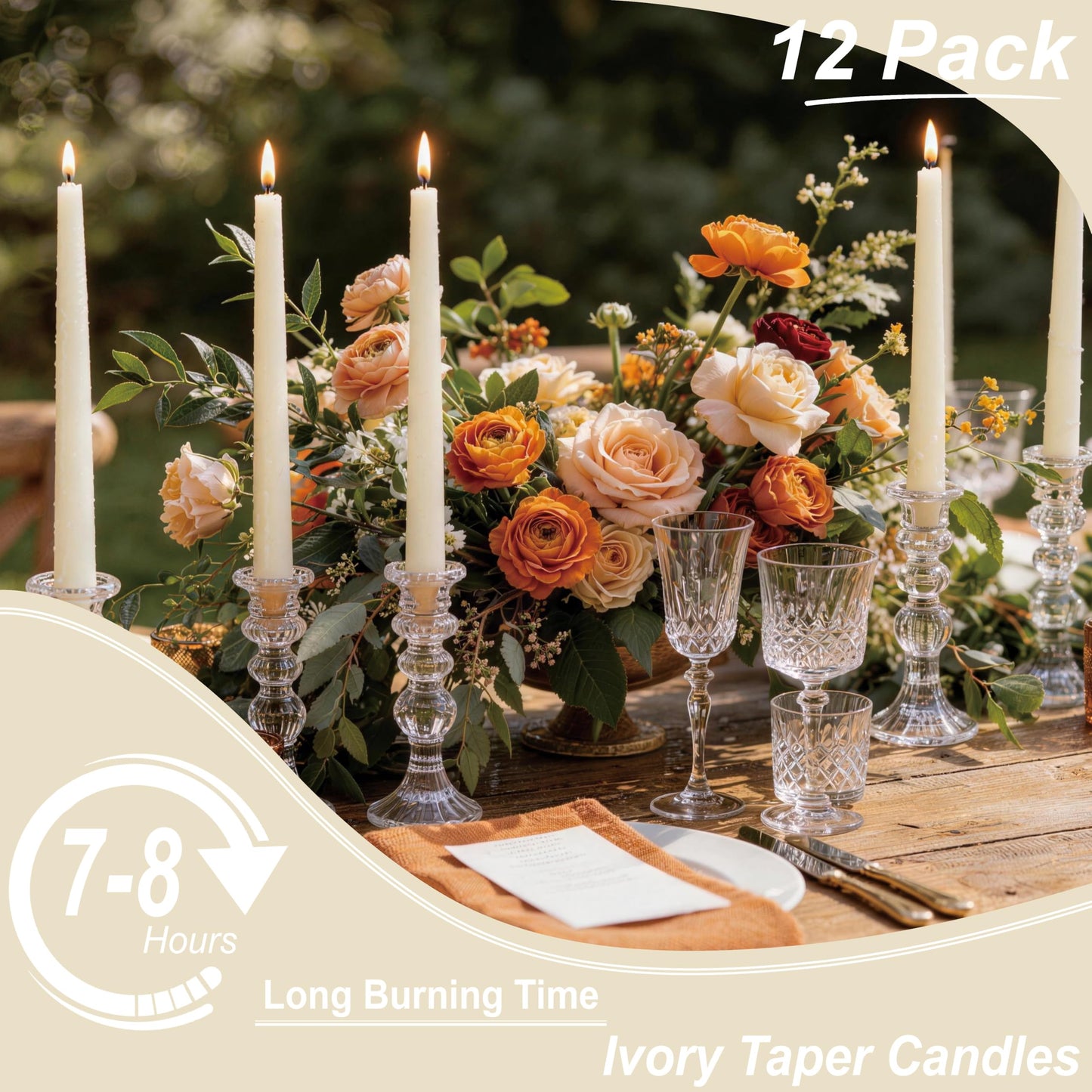 Auralome 10-Inch Ivory Taper Candles - Dripless Smokeless Tapered Candle Cream Unscented Candlesticks Paraffin Wax Long Slow Burning Tall Candle Sticks for Dinner Business Wedding Restaurants 12 Pack