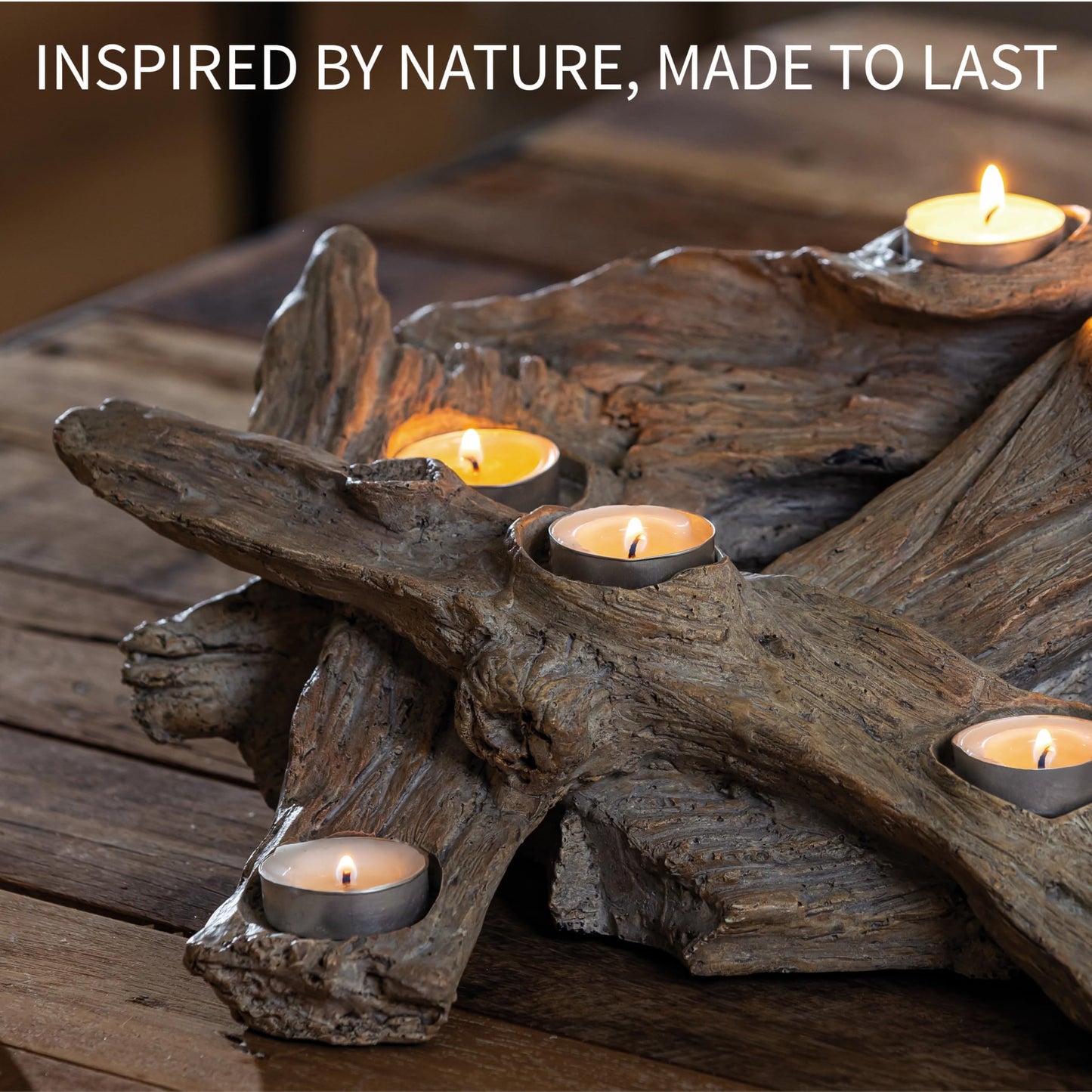 Plow & Hearth Faux Driftwood Fireplace Candle Holder, Resin Log Insert for Fireplace Decor, Holds 8 Fireplace Candles for Inside Fireplace, Coastal Beach Cozy Living Room Fireplace Decorations