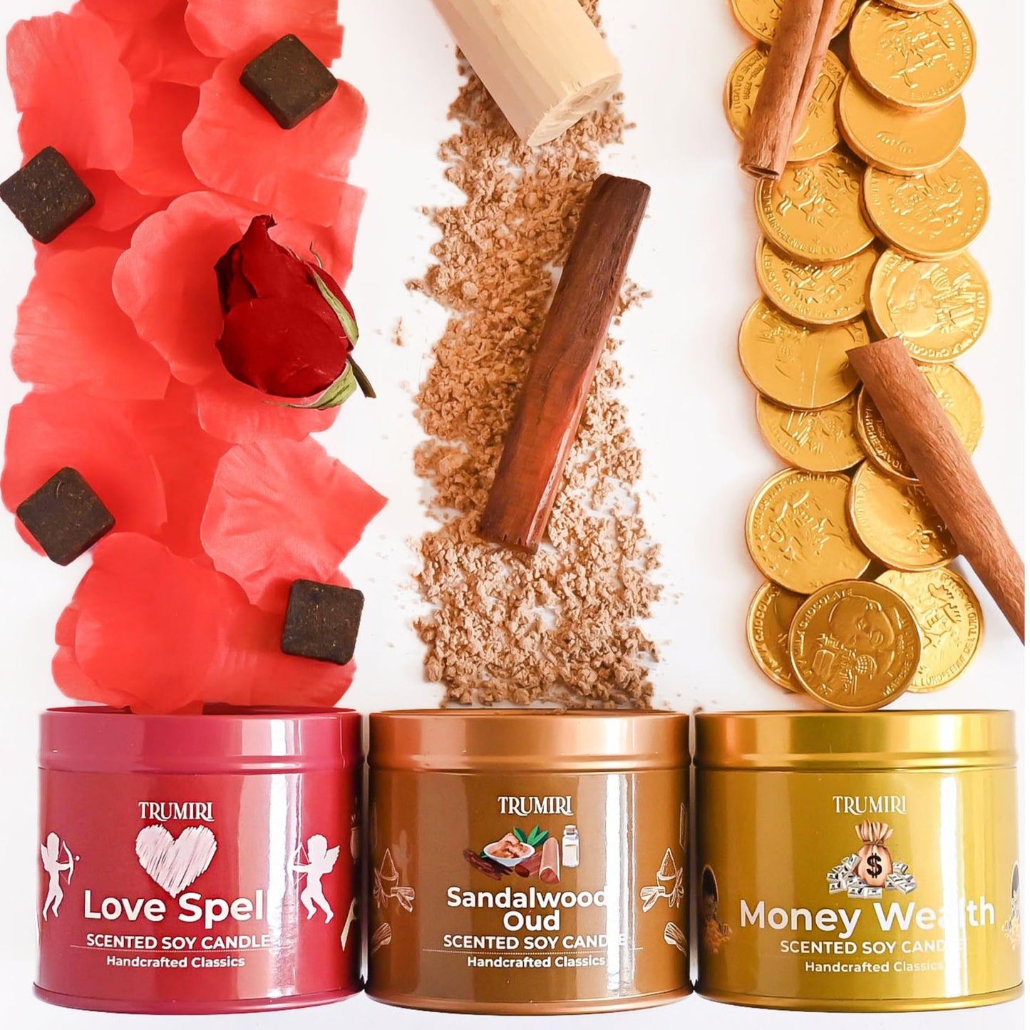 Love Spell, Money Wealth, Sandalwood Oud - Soy Candles Non Toxic - Highly Scented Long Lasting with Essential Oils - Variety Pack of 3 x 5oz - for Home Aromatherapy Meditation Gift Travel