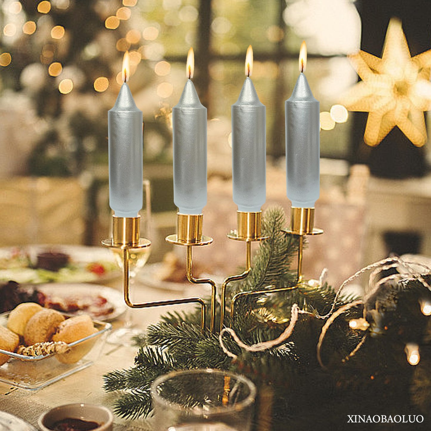 Christmas Metallic Silver Candle 5 Inch Short Smokeless Taper Candles 4 Pack Unscented Dinner Candle for Christmas Dinner