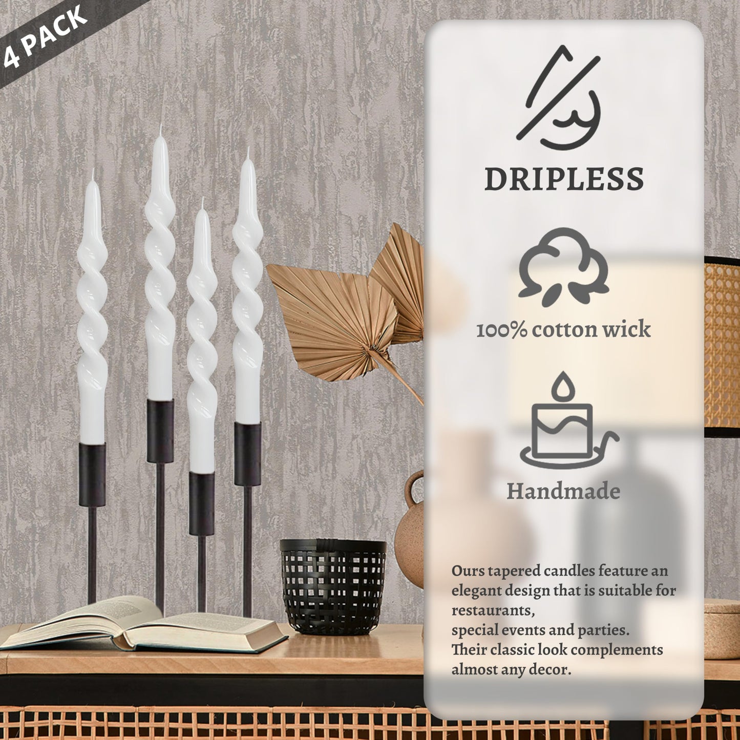 Dripless Unscented Spiral Candles 10 Inch Crystal White Twist Design Smokeless Long Burning Candles Elegant Decorative Lighting for Home Décor Dinner Party Romantic Evenings