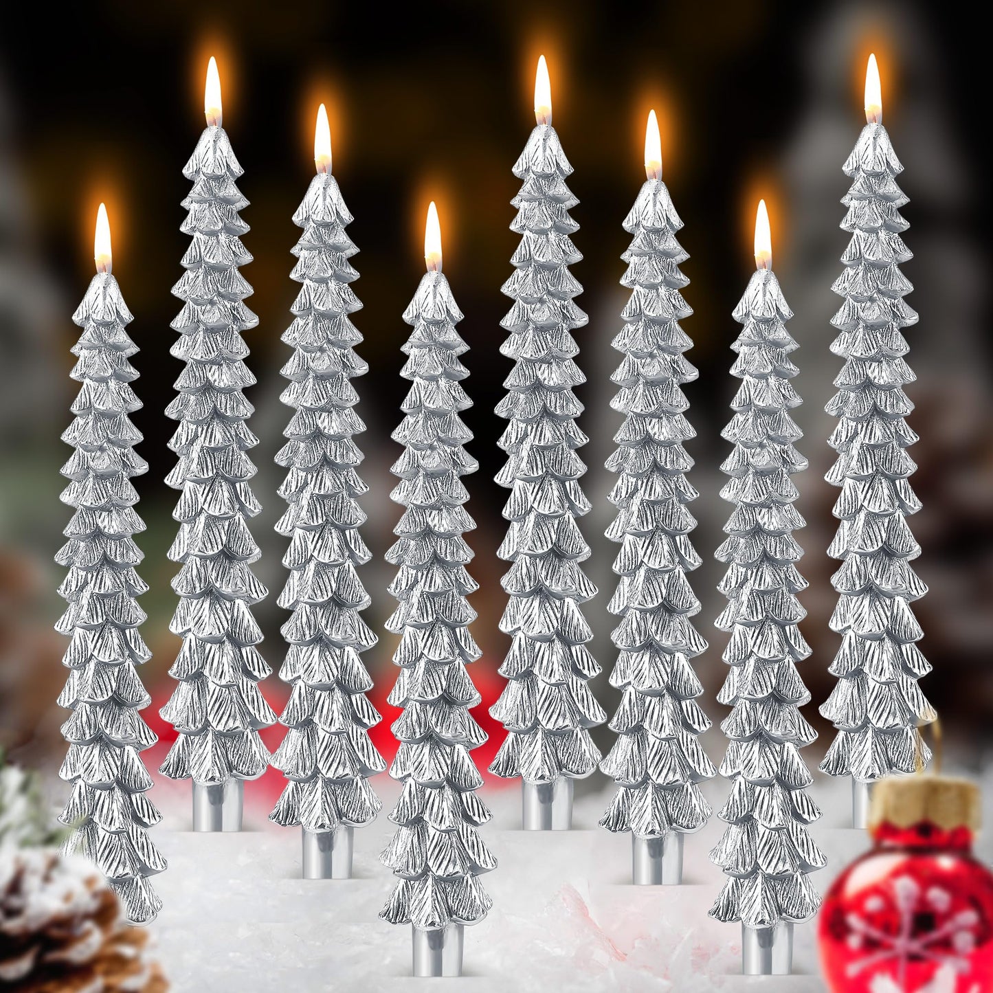 Ceoighe 8 Pack Christmas Tree Candles, 10 Inch Pure Beeswax Christmas Tree Shaped Taper Candles for Xmas Holiday Decor, Advent Party Banquet Centerpiece Decoration(Silver)