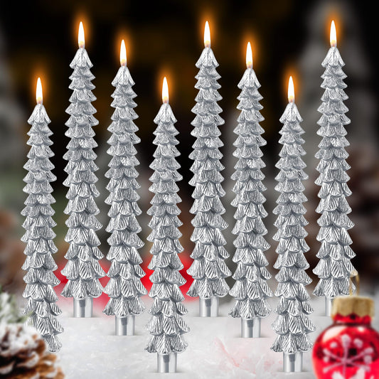Ceoighe 8 Pack Christmas Tree Candles, 10 Inch Pure Beeswax Christmas Tree Shaped Taper Candles for Xmas Holiday Decor, Advent Party Banquet Centerpiece Decoration(Silver)