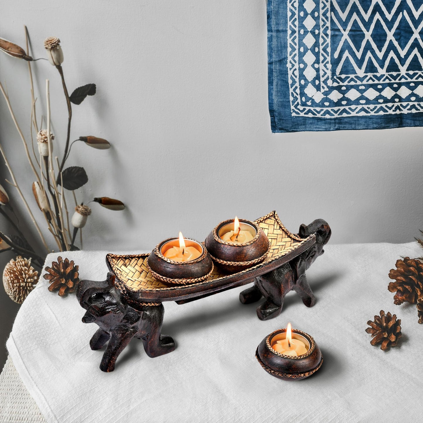 AeraVida Twin Elephant Rain Tree Wood Candle Holder with Three Vases, Hand Carved Safari Animal Centerpiece Home Decor