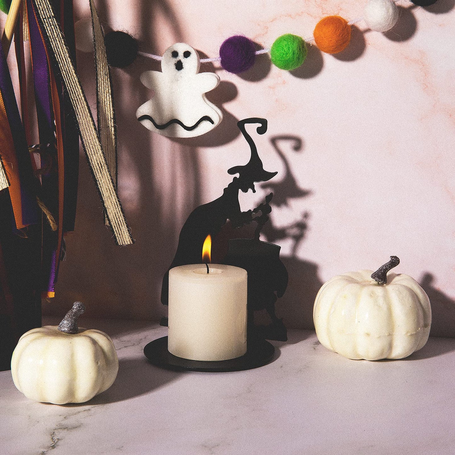 2 Set Halloween Candle Holder Spooky Witch with Cauldron Broom Black Candlestick Pedestal All Hallows Eve Table Centerpiece Table Decor