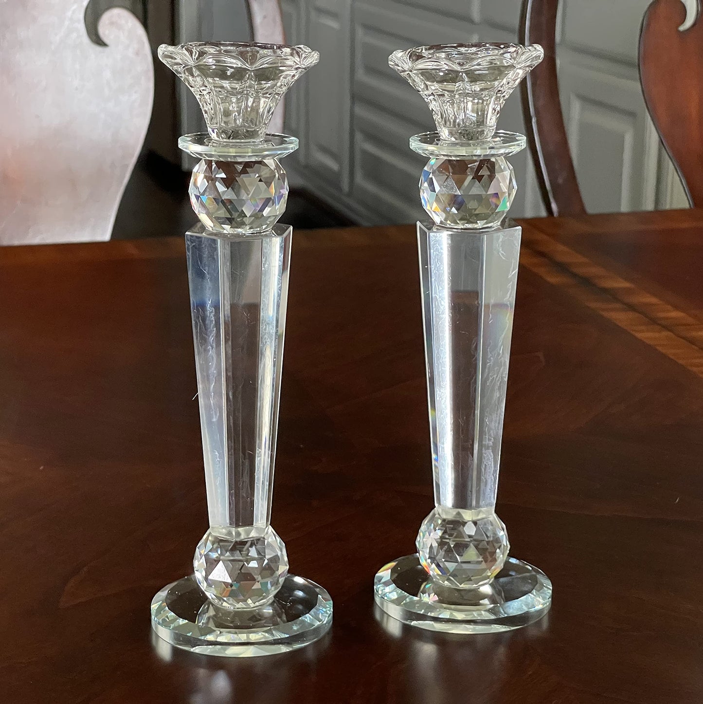 Allgala Set of 2 Crystal Glass Made Reverse Tapered Pillar and Hand Crafted Ball Candlesticks-10-HD89152