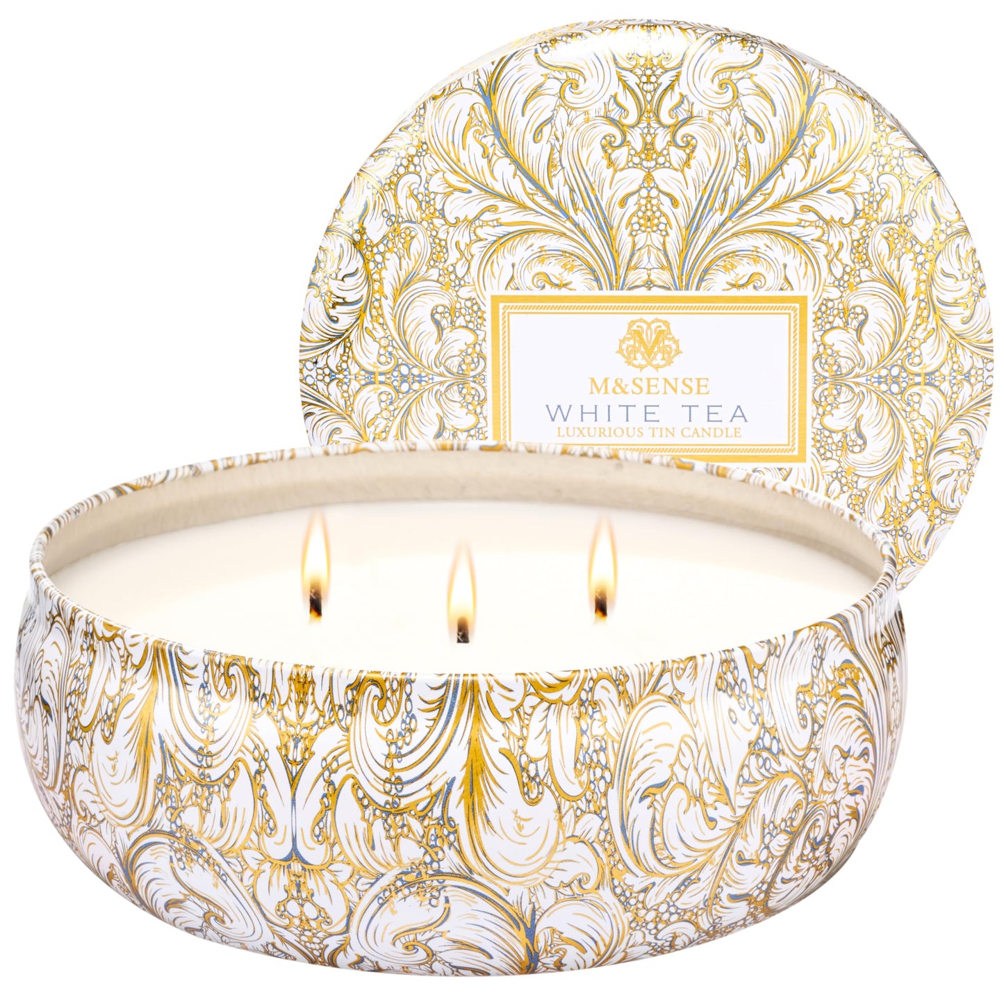 M&SENSE White Tea Scented Candles 12 oz, Large 3 Wick Soy Tin Candle, Over 40 Hour Burning Time, 100% Natural Vegan Wax, Relaxing Aromatherapy Aesthetic Candle Gift for Women Men