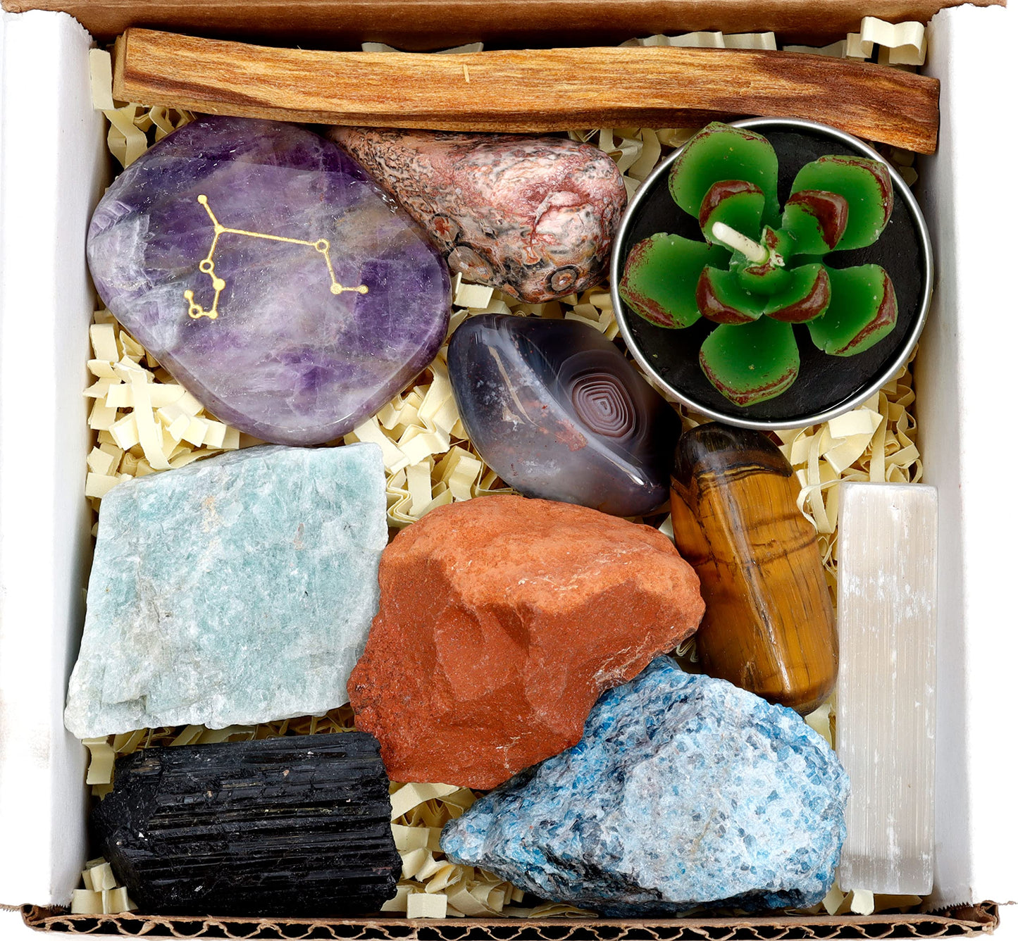 DANCING BEAR Leo Zodiac Healing Crystals Gift Set (14 Pc): 9 Stones, 18K Gold-Plated Constellation Necklace, Meteorite, Succulent Candle, Palo Santo Smudge Stick, and Info Guide, Made in The USA