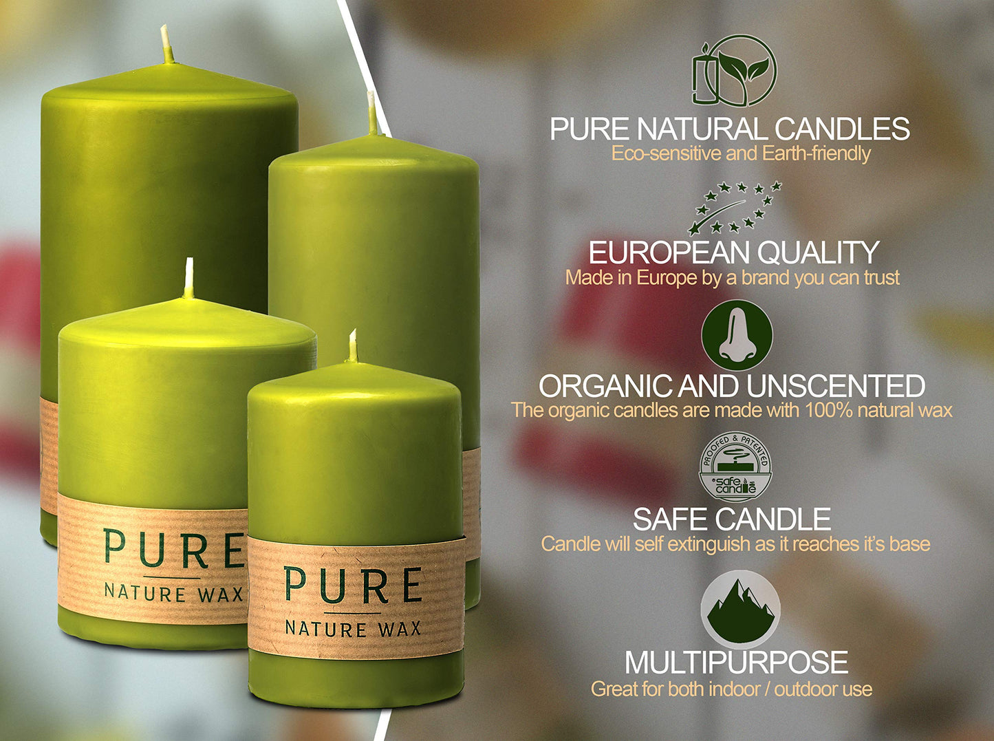 HYOOLA Pure Natural Pillar Candles - Made of 100% Natural Wax - Paraffin Free - 2.3 x 5 Inch - Green Pillar Candles - 4 Pack