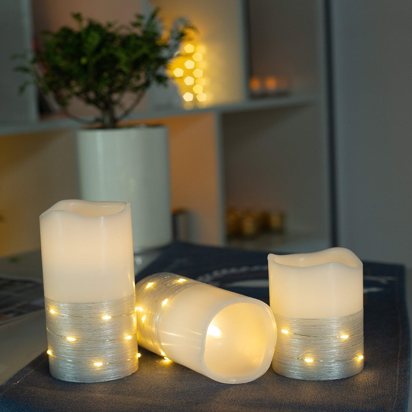 BeMoment Flickering Flameless Candles with Timer, Battery Operated Candle Embedded String Lights, Silver Paint Finish, Ideal for Home Decor, Holidays, and Festivals, 3pcs (D 3" x H 4" 5" 6")