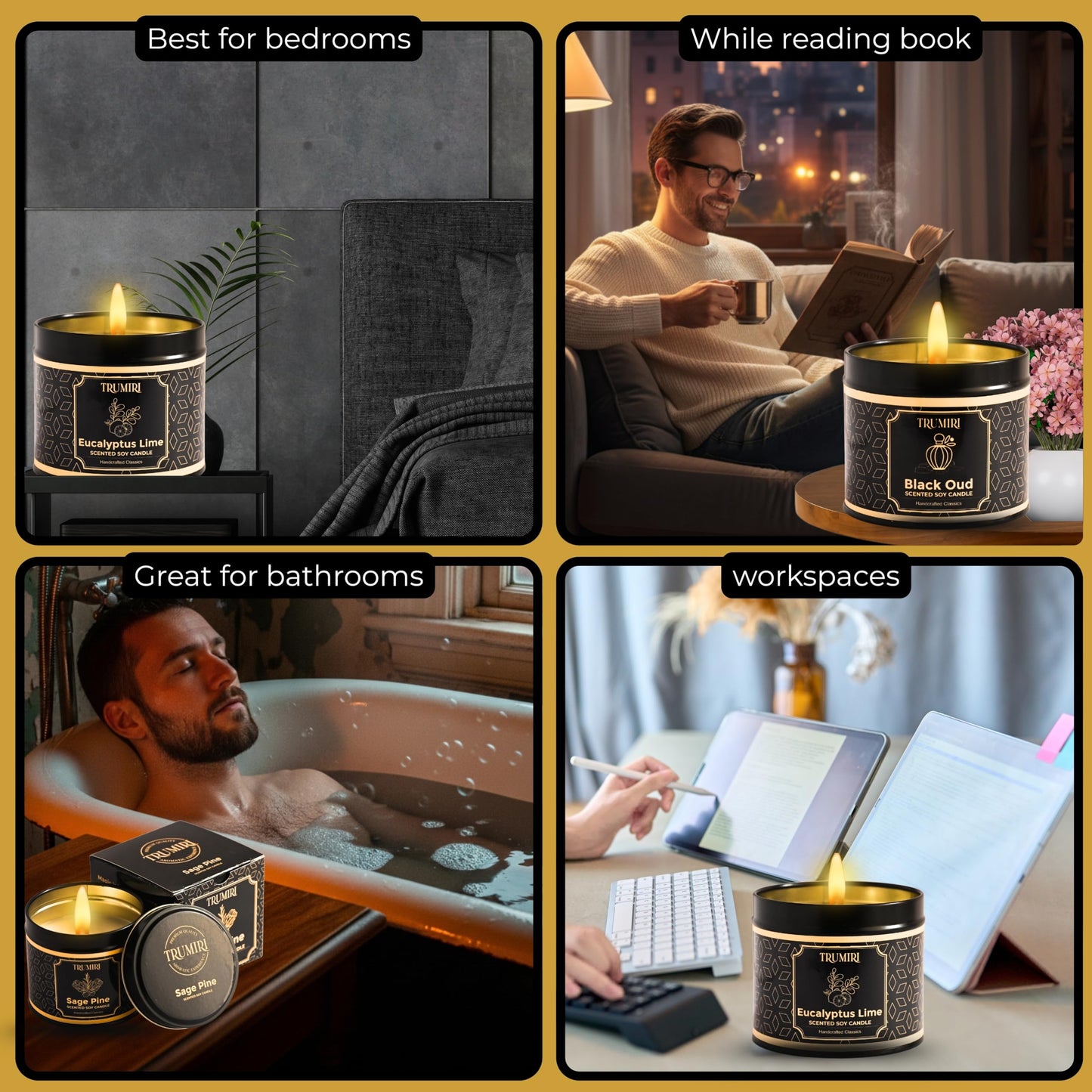 Candle Gift Set of 3 Black Oud|Sage Pine|Eucalyptus Lime Strong Scented Soy Candels Clean Non Toxic Velas Aromáticas Favors for Women Coworkers Friends Guests Also for Fall Diwali Christmas Holidays