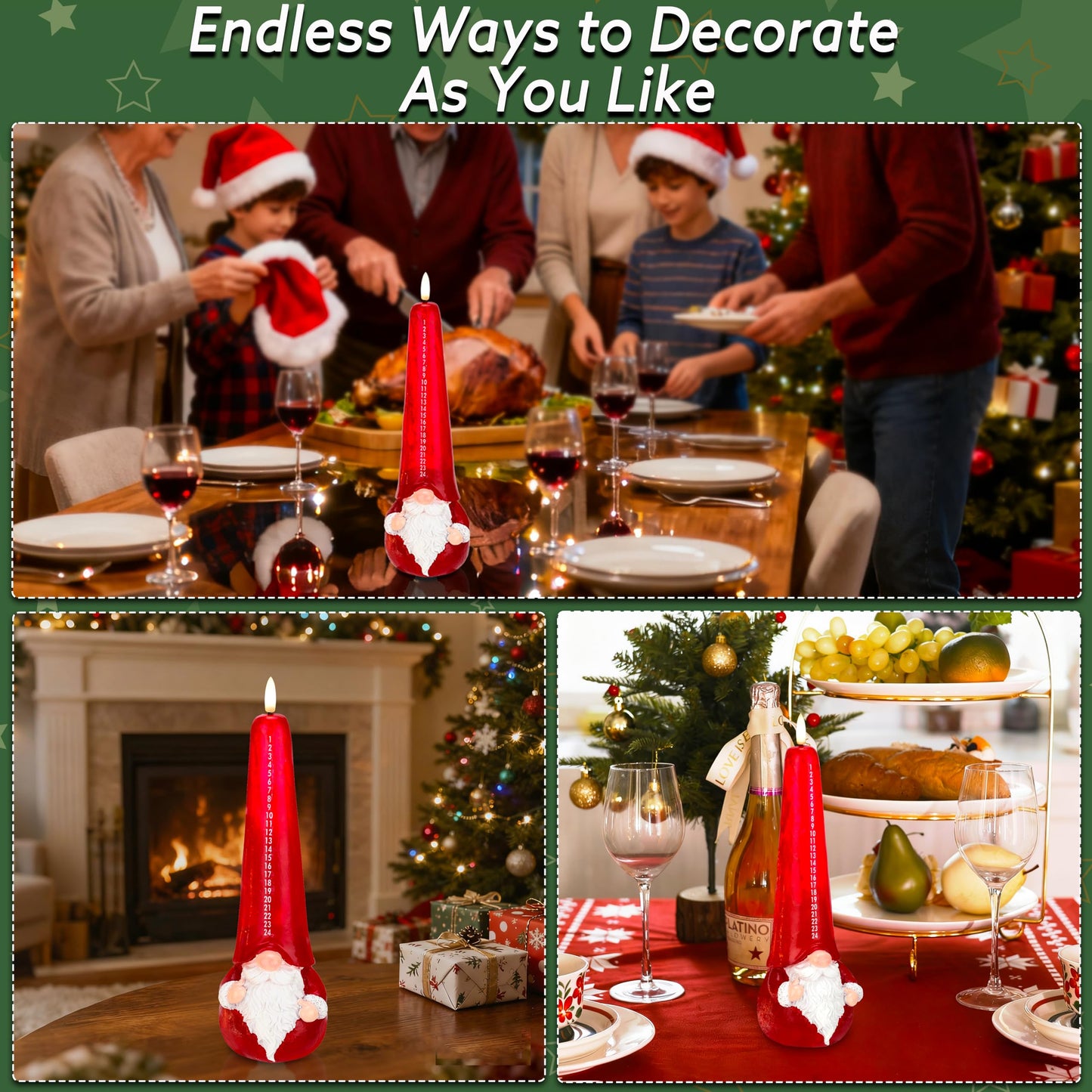 AFINETH Christmas Flameless Candles with Remote, Xmas Countdown Candle, Santa Claus Countdown to Christmas Battery Operated Candles, Red Flameless Advent Candles for Mantel Decor