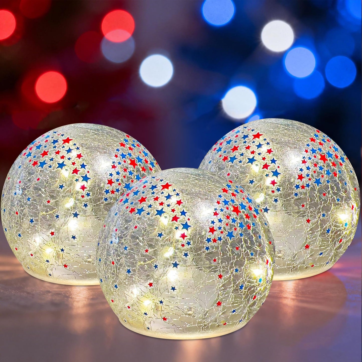3PCS Independence Day Decorative Lights, 3.93-inch Independence Day Desktop Decoration LED Night Light, Cracked Glass Ball Light with Timer, 4th of July Decoration (Small Five-Pointed Star)