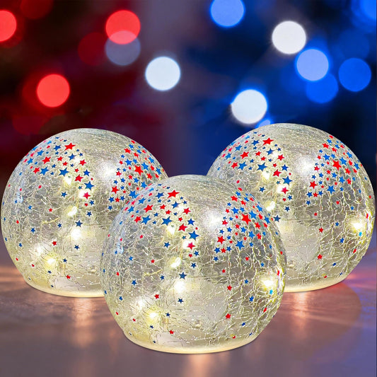 3PCS Independence Day Decorative Lights, 3.93-inch Independence Day Desktop Decoration LED Night Light, Cracked Glass Ball Light with Timer, 4th of July Decoration (Small Five-Pointed Star)