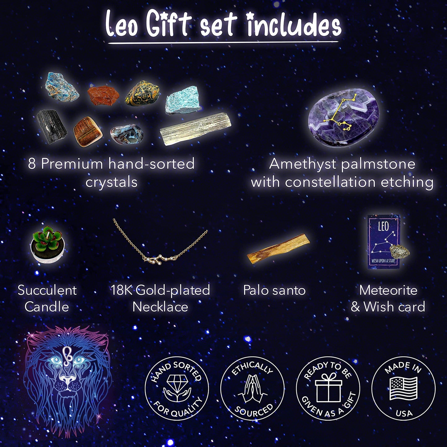 DANCING BEAR Leo Zodiac Healing Crystals Gift Set (14 Pc): 9 Stones, 18K Gold-Plated Constellation Necklace, Meteorite, Succulent Candle, Palo Santo Smudge Stick, and Info Guide, Made in The USA