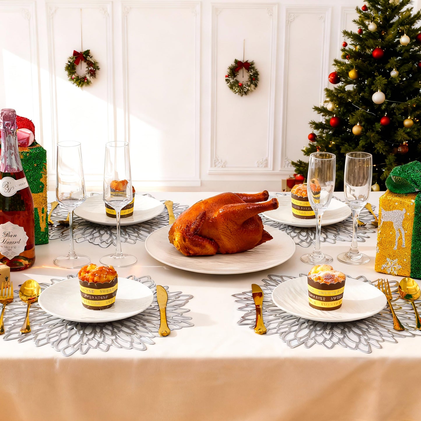 Set of 12 Round Placemats Silver, Heat-Resistant PVC Table Mats with Luxury Metallic Glossy Finish for Thanksgiving Christmas Wedding Party Decor, Easy to Clean