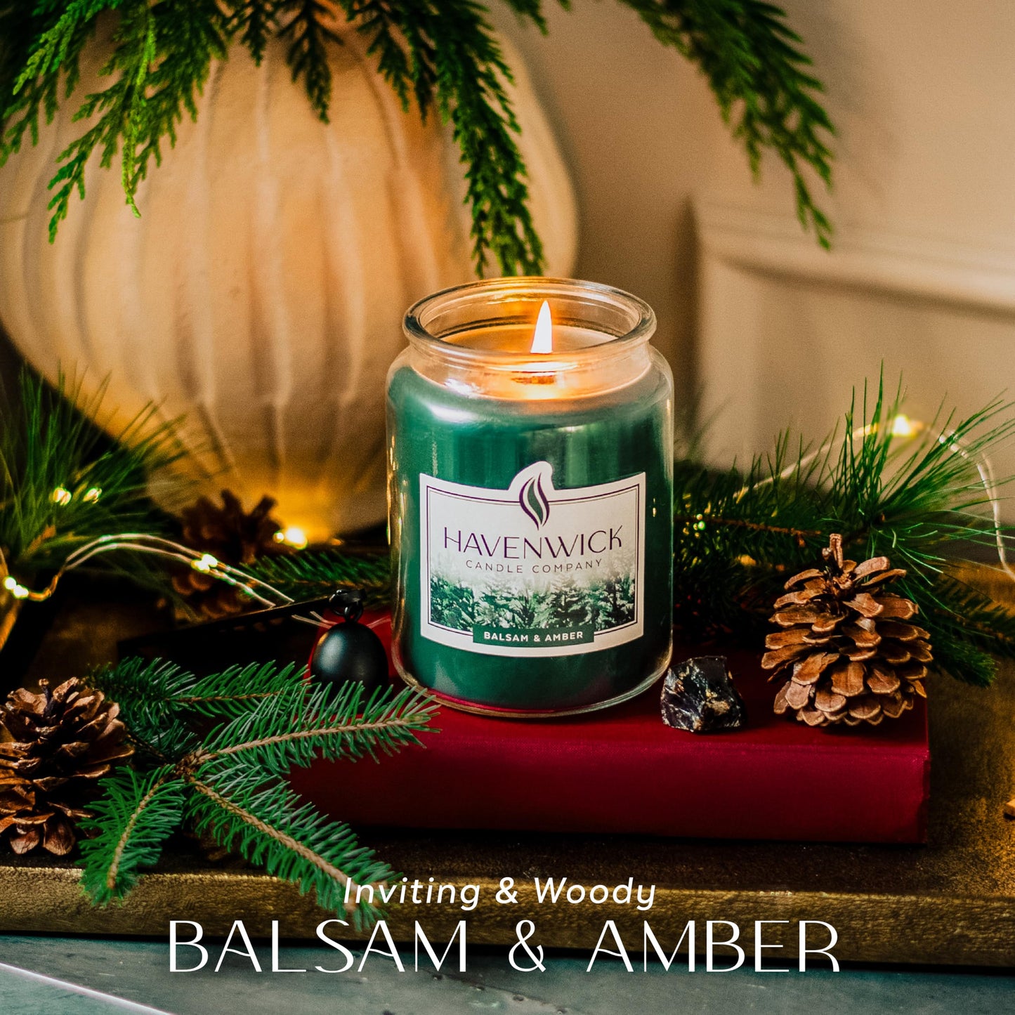 Havenwick Balsam & Amber Soy Blend 22-oz Large Jar Candle, Long Lasting 110-130 Hour Burn Time with Single Cotton Wick, Perfect Holiday Pine Scented Candles for New Home Gift & Christmas Gift