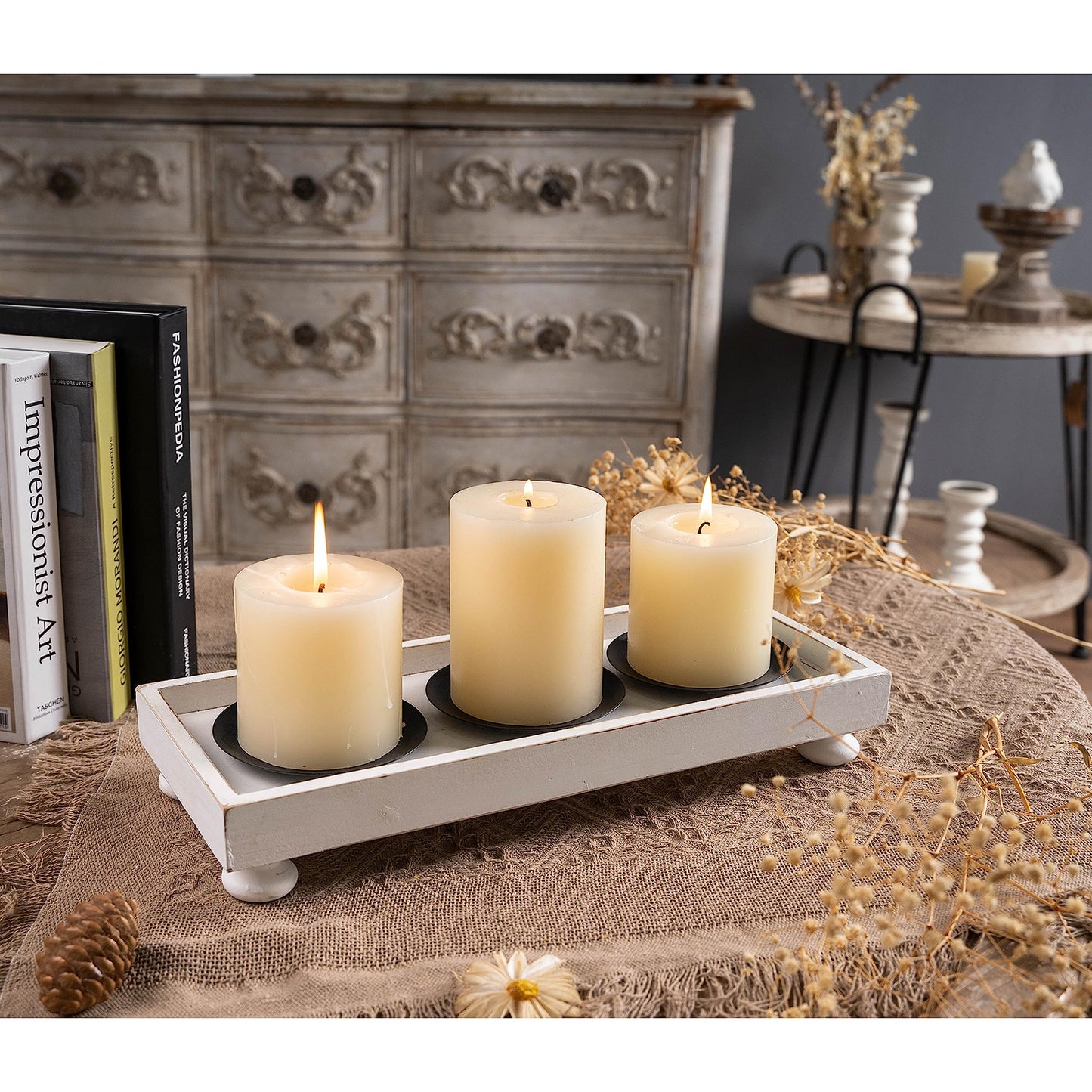 SOFE Rustic White Wooden Candle Holder Tray, 3-Pillar Candle Plate for Tables Mantel Decor, Distressed Finish, Multifunctional Home Decor Accessories