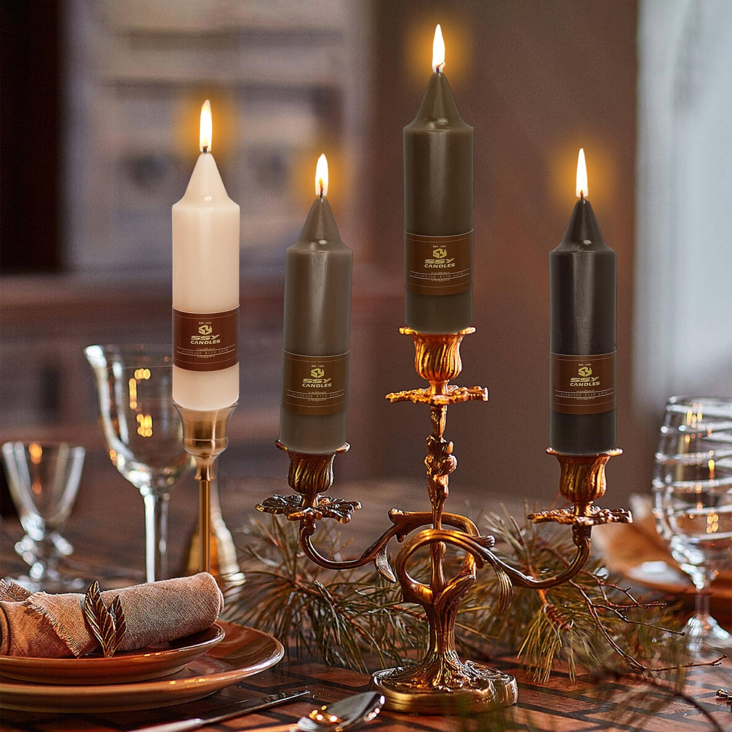 Short Taper Candles Set of 4, 5 Inch Brown Ombre Tapered Candle, Handmade Taper Candles, Short Candle Sticks for Wedding Dinner Table Home Decor Gift