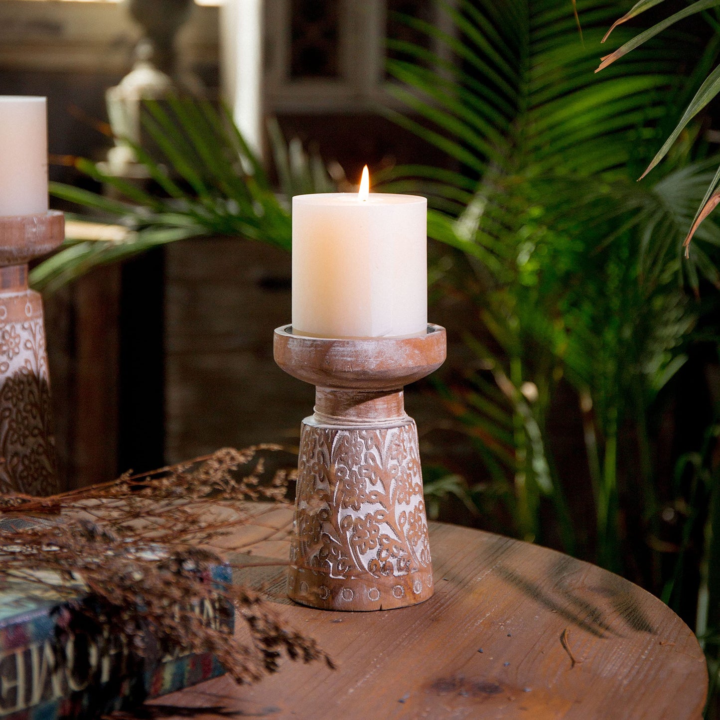 SOFE Handcarved Pillar Candle Holder Mantel, Farmhouse Wood Candle Holders, 6 Inch Tall Rustic Candle Holder for Dining Table Centerpiece Decor, Wooden Brown Candle Stands for Living Room, Bedroom