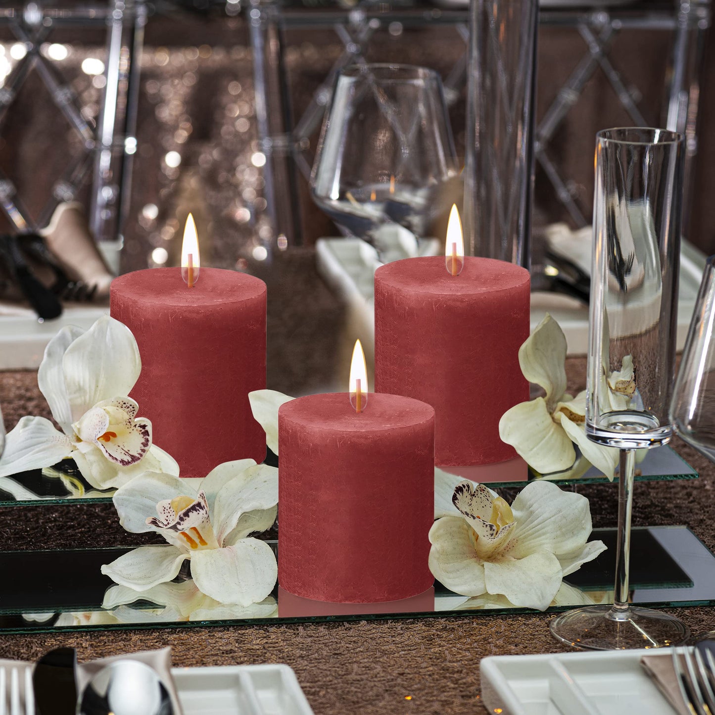 BOLSIUS 4 Pack Delicate Red Rustic Pillar Candles - 2.75 X 3.25 Inches - Premium European Quality - Includes Natural Plant-Based Wax - Unscented Dripless Smokeless 35 Hour Party Décor Candles
