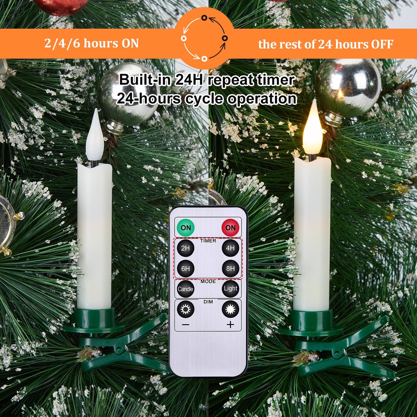 IMAGE 12Pcs LED Taper Candles Light Set Flameless 3D Wick Ivory Candles with Clip-on Christmas Tree Design, 10-Key Remote with Timer, Warm White Light, Battery Operated for Versatile Decoration