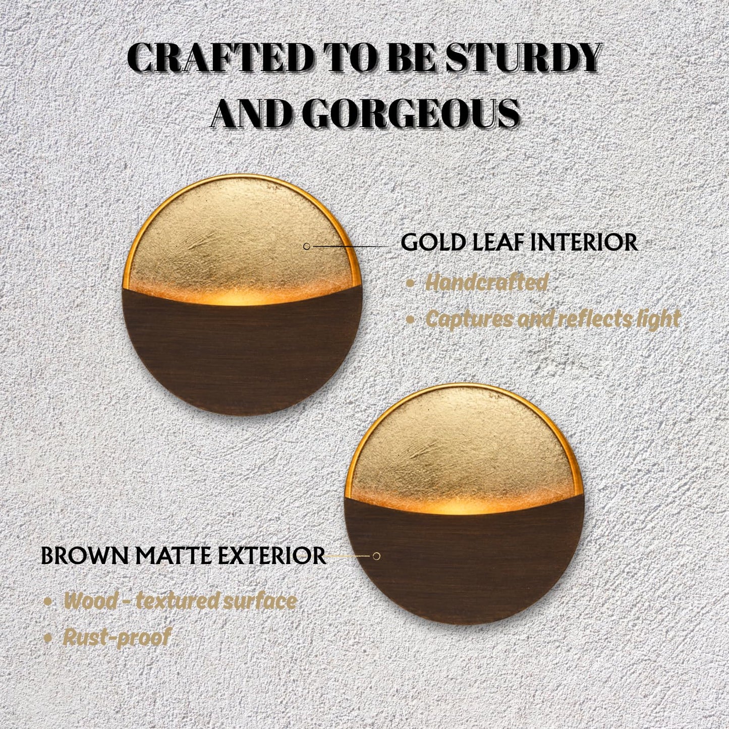 Eclipse Wall Candle Holder Set of 2, Metal Candle Sconces with Brushed Wood Grain and Gold Interior, Christmas Wall Decor for Living Room, Bedroom, and Modern Farmhouse