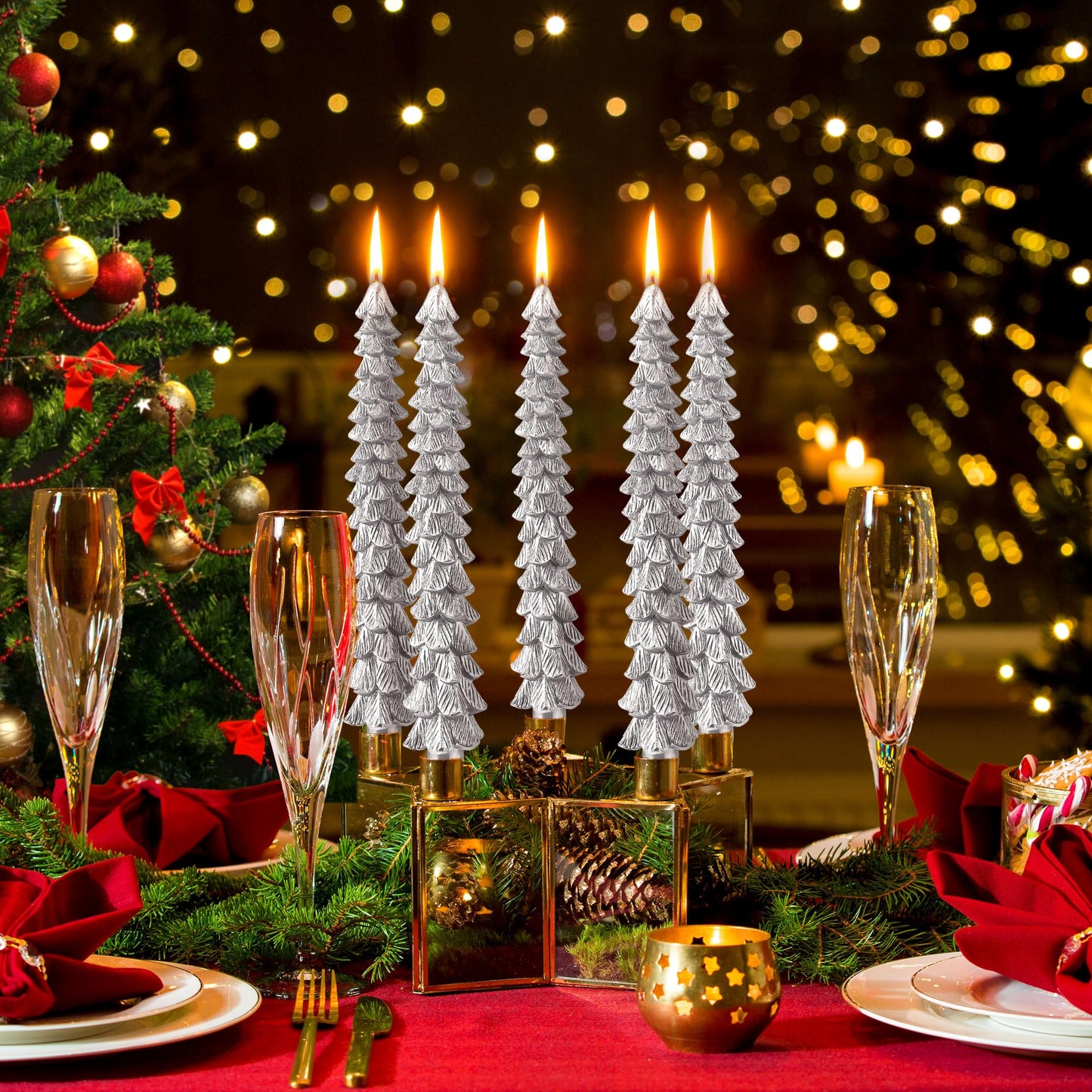 Ceoighe 8 Pack Christmas Tree Candles, 10 Inch Pure Beeswax Christmas Tree Shaped Taper Candles for Xmas Holiday Decor, Advent Party Banquet Centerpiece Decoration(Silver)