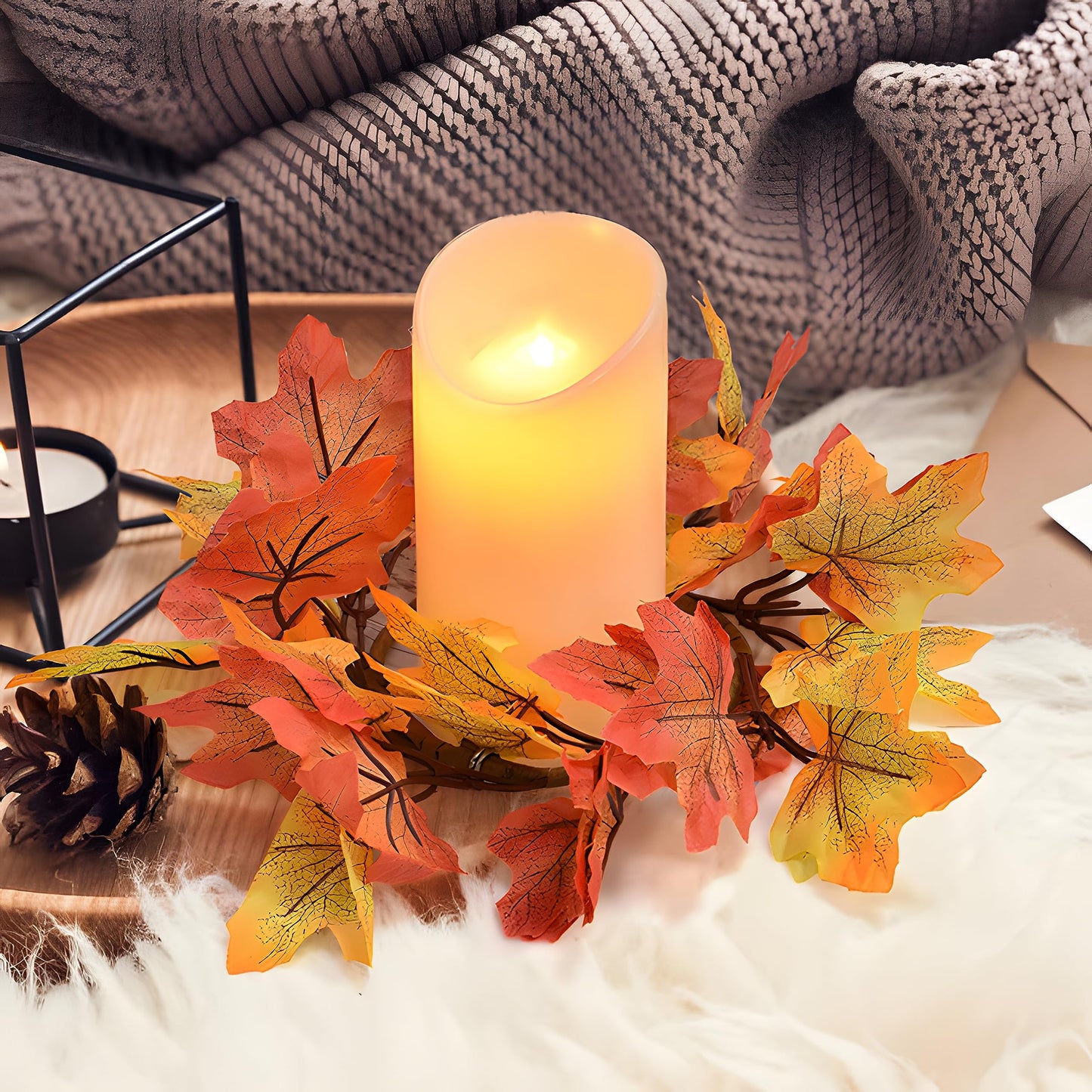 IWNTWY 6Pcs Fall Candle Rings Wreaths, Artificial Maple Leaf Candle Ring for Pillar Candle Holder, Thanksgiving Halloween Home Party Table Centerpieces, Door, Wall, Window Decor (Yellow)