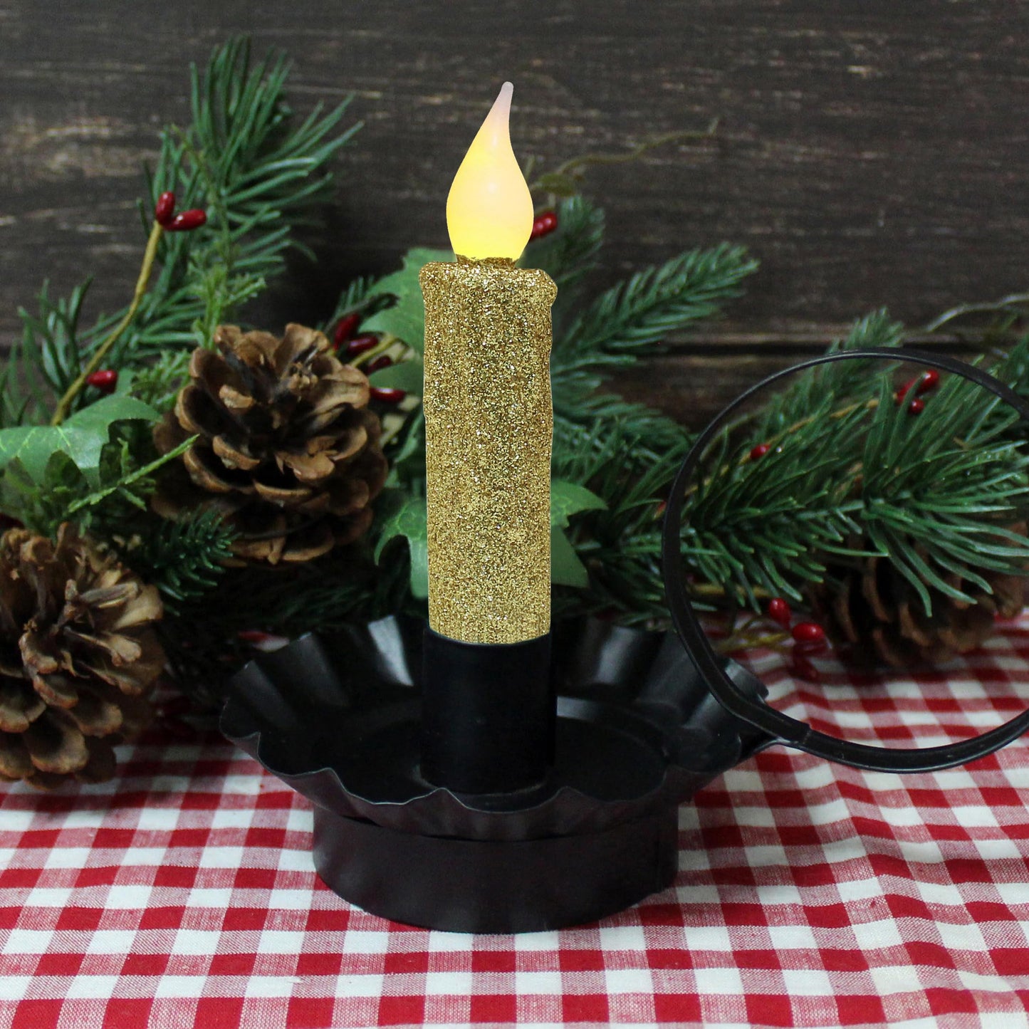 CVHOMEDECO. Glitter Flameless Candles Flickering Battery Operated LED Taper Candles with Timer for Home, Wedding, Halloween, Christmas Decor. Gold, 4-3/4 Inch, Set of 2