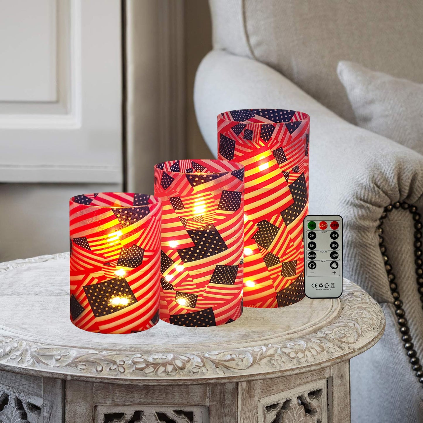Patriotic Flickering Flameless Candles Stars and Stripes US Flag, Embedded Star String Lights, Battery Operated Acrylic LED Pillar Candles with 11-Key Remote and Timer for Home Decoration, 3 Pack