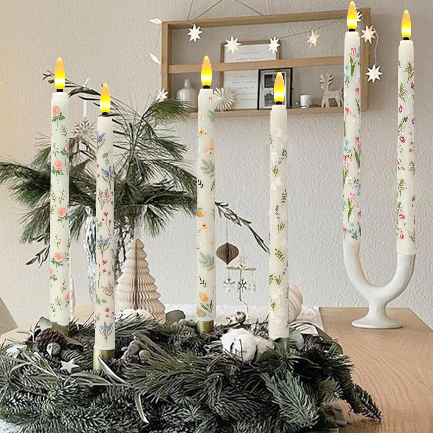 FCMSHAMD 6PCS Floral Flameless Taper Candles, 11 Inch LED Candlesticks Battery Operated with 11-Key Remote and Timer, 3D Flickering Flame Lights for Wedding Party Home Decor Gifts