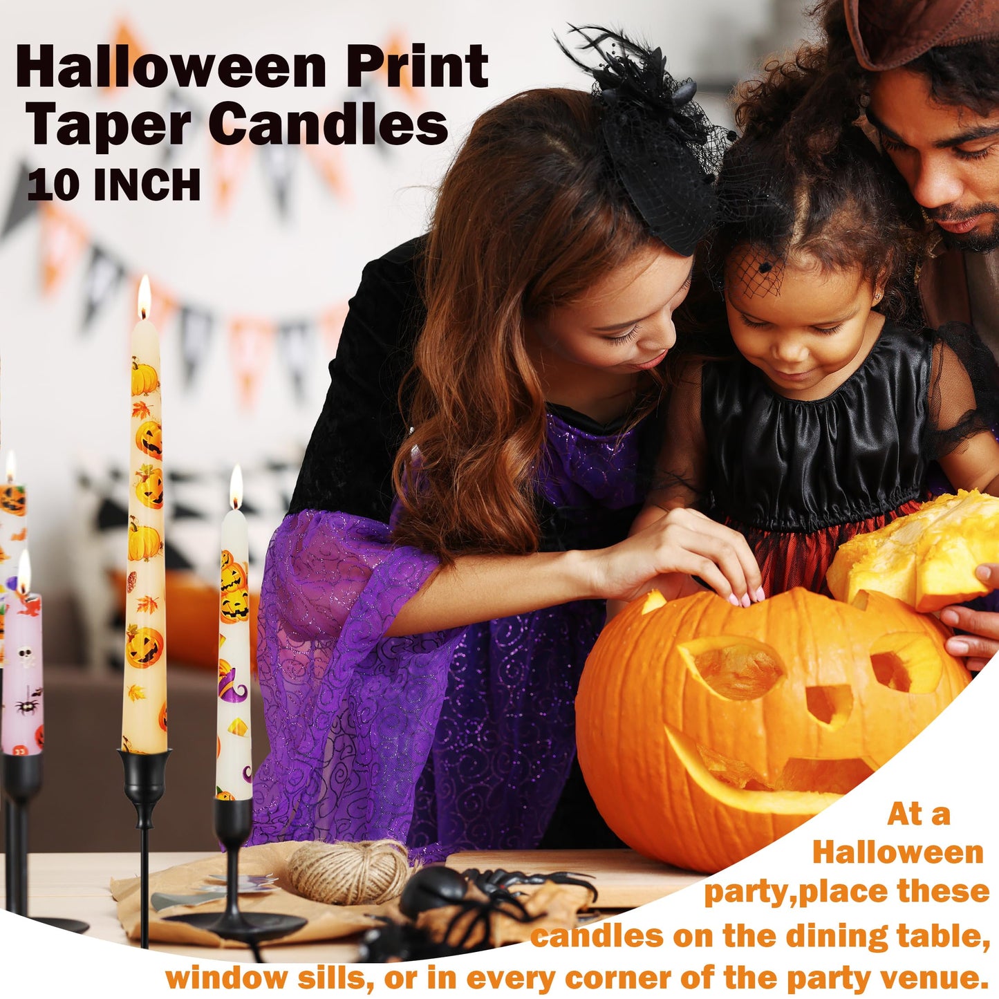 FYBW 10-Inch Halloween Taper Candle Set of 4,Pumpkin Skeleton & Bat Prints, Spider Web Spooky Dinner Candles,Gift for Festive Halloween Day Decoration,White