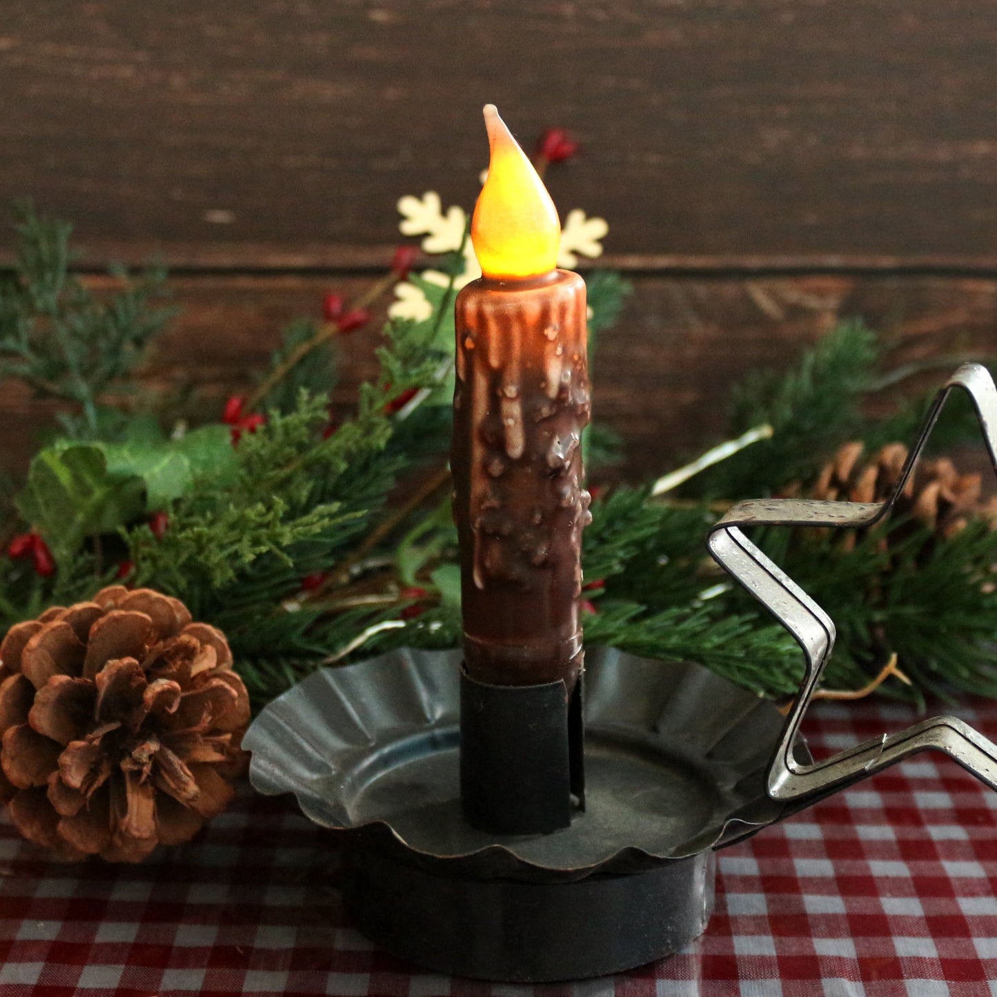CVHOMEDECO. Real Wax Hand Dipped Battery Operated LED Timer Taper Candles Rustic Primitive Flameless Lights Décor, 4-3/4 Inch, Brwon, 6 PCS in a Package
