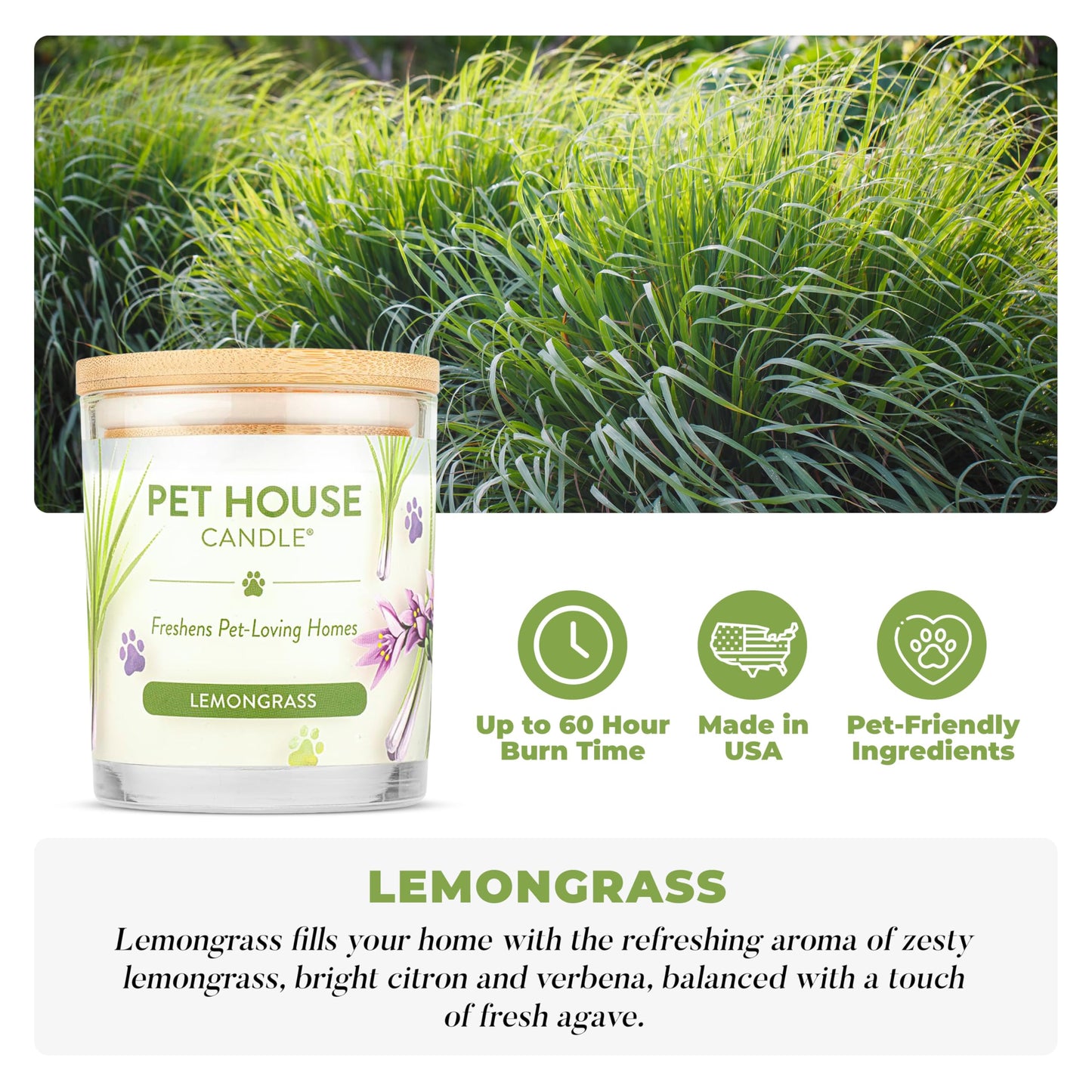 Pet House Candles, Long Burning Scented Candles for Pet Odors, Plant-Based, 60 Hour Burn Time - Lemongrass, 9 oz