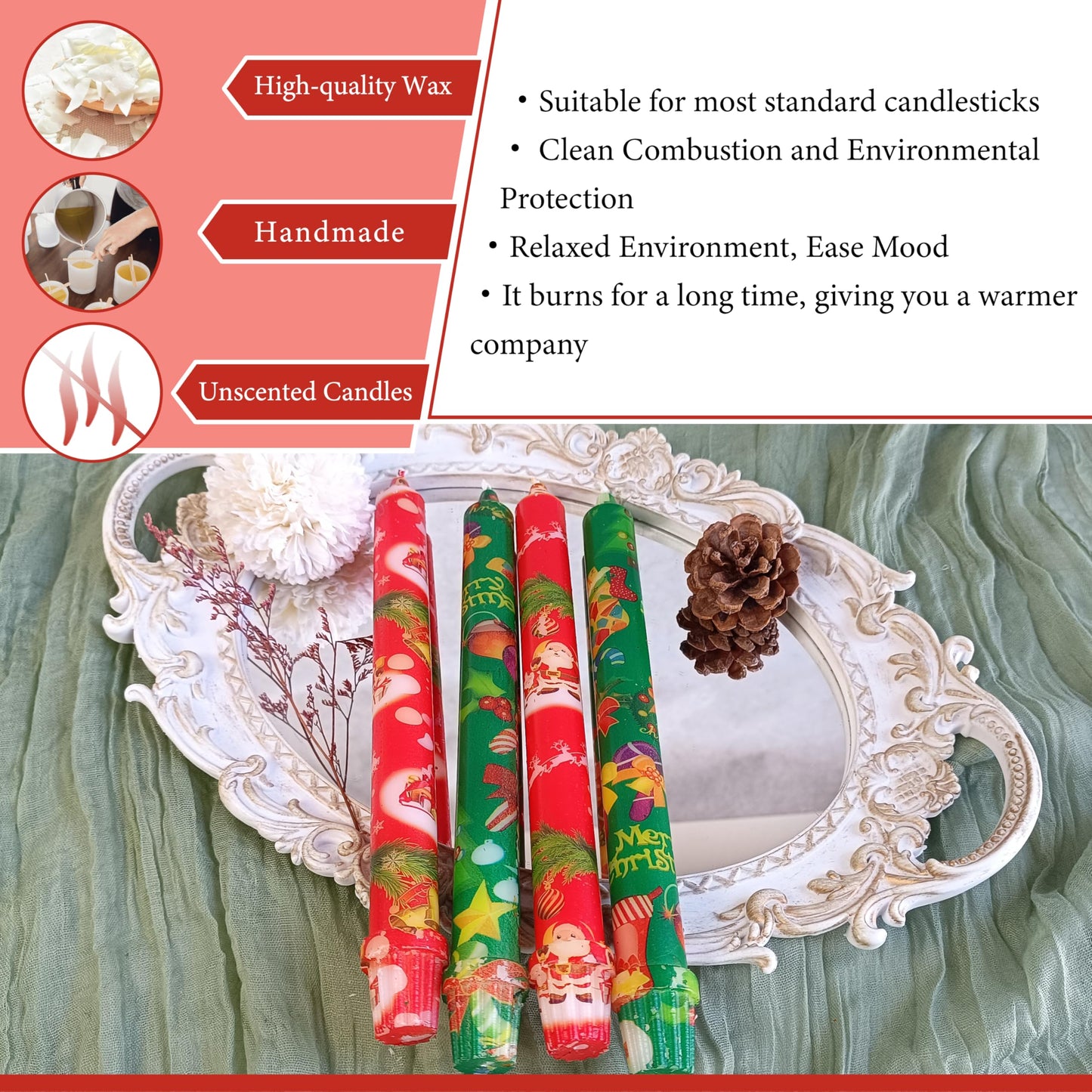 Taper Candles Christmas Printed Candlestick 4 PCS 10 inch Long Taper Candle Unscented Candlesticks Handmade Tapered Candles for Christmas Dinner Household Wedding Party Housewarming Home Décor Candles